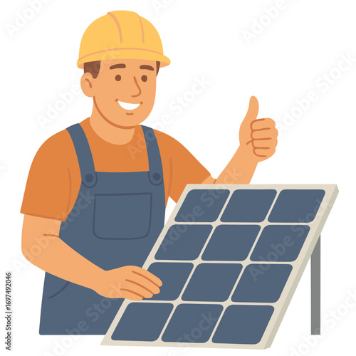 Cartoon vector illustration of worker with solar panel, renewable energy and eco concept, isolated flat style.