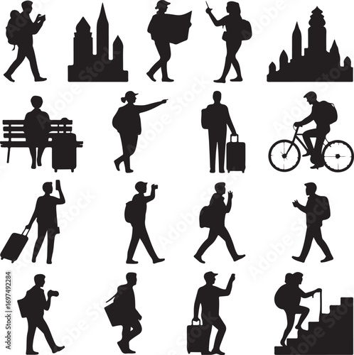 Silhouette collection of travelers exploring cities and mountains Keywords: silhouette, traveler