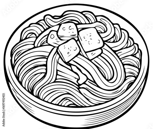 Artistic black and white illustration of a bowl filled with noodles and tofu cubes