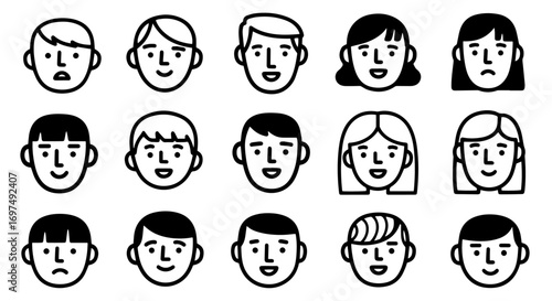A diverse collection of minimalist, black-and-white avatar icons showcases a variety of hairstyles and expressions in a clean, grid-like arrangement. Adobe Illustrator Artwork.