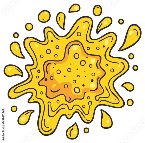 Cartoon illustration of a yellow bubbly liquid splash with drops and foam