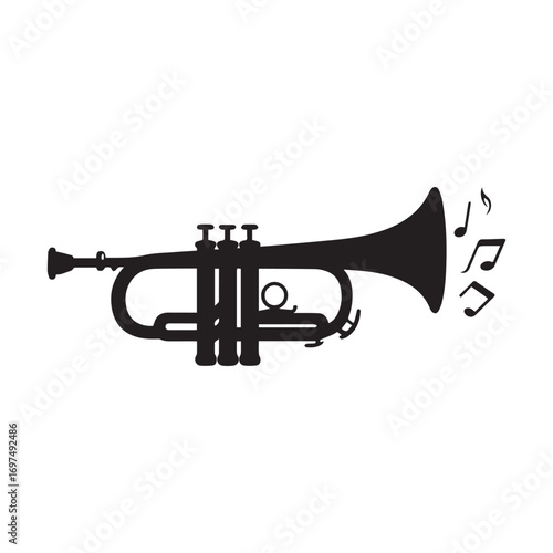 Trumpet Silhouette with Musical Notes Rising Gracefully on Clean White Background. 