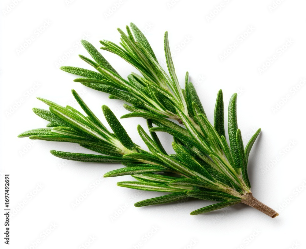 Fototapeta premium Sprig of vibrant green rosemary with needle-like leaves, lying on a bright white background, casting a slight shadow