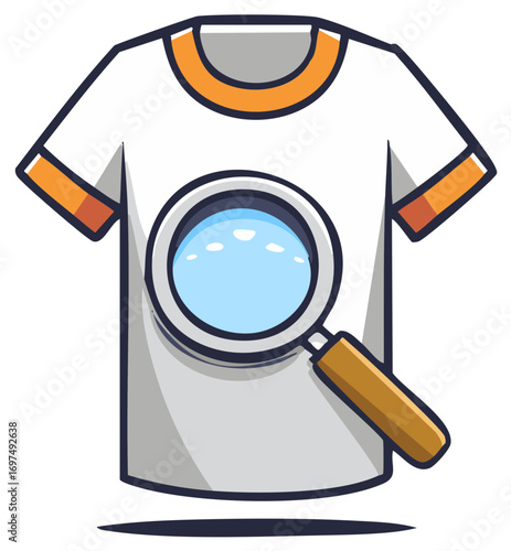 Magnifying glass examining a white t-shirt with orange accents, graphic illustration