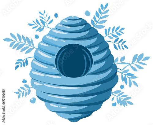 Stylized Wasp Nest with Foliage in Cool Blue Tones, Decorative Insect Home Vector Graphic