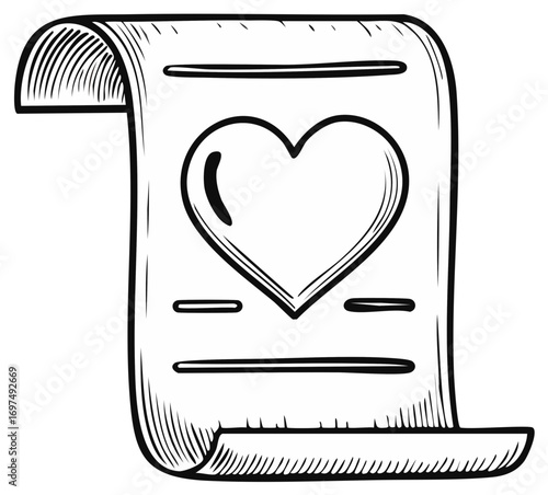 Sketch of a scroll with a heart symbol and lines for text
