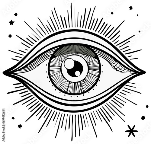 Mystic Eye with Rays and Stars Black and White Illustration Spiritual Symbol Icon