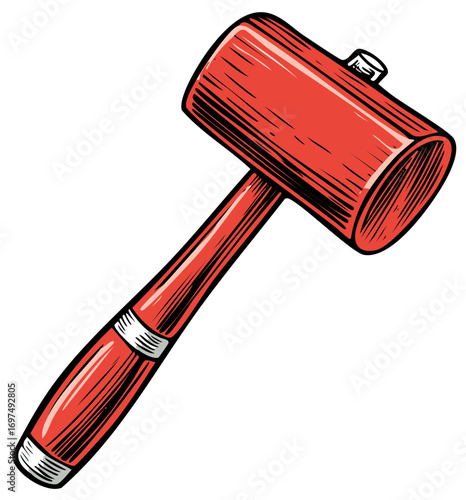 Vibrant red wooden mallet illustration for carpentry crafting and construction work