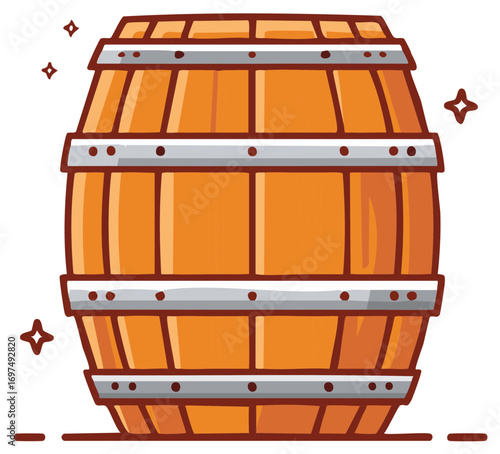 Classic wooden barrel illustration with metal hoops for beverage storage fermentation and vintage drink aging