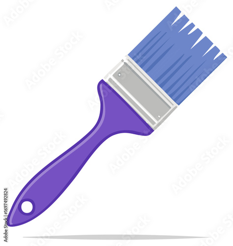 Cartoon illustration of a paint brush with a purple handle and blue bristles