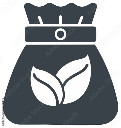 Dark gray bag icon with white leaves and cinched top