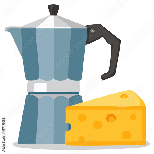 Moka pot and cheese wedge graphic illustration