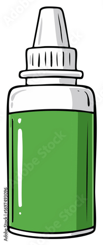 Cartoon illustration of a green liquid dropper bottle with white cap ideal for medicine or cosmetic products