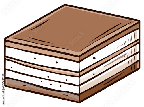 Hand drawn illustration of a layered cake with chocolate icing and vanilla filling, dessert, food