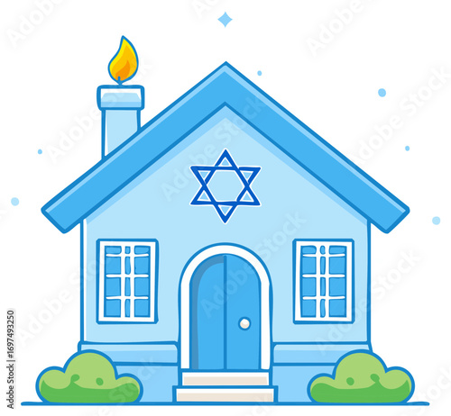 Cartoon synagogue illustration with Star of David, flame, and blue color scheme.