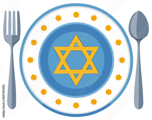 Plate with a Star of David, spoon, and fork. Vector illustration of a Jewish symbol.