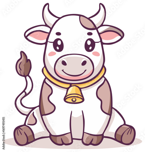 Sitting Calf with Bell Cartoon: Cute Farm Animal Illustration, Friendly Pet
