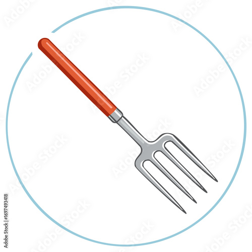 Vibrant illustration of a garden fork with a bright red handle in an icon style