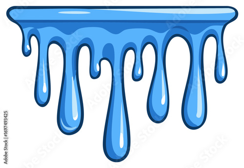 Blue liquid dripping from a translucent border with shaded highlights and drips