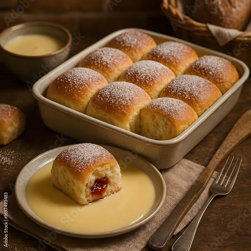 Fluffy Austrian Buchteln with Vanilla Sauce and Powdered Sugar.