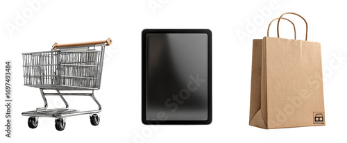 Shopping Cart, Tablet Device, and Brown Paper Bag Composition