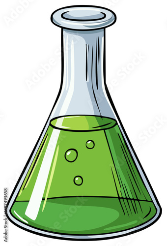 Green liquid inside a laboratory flask with bubbles, scientific glassware illustration.
