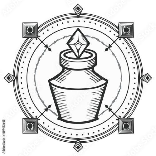 Mystical potion bottle with a crystal stopper inside a magical compass seal vector illustration