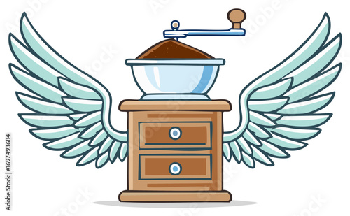 Fast coffee concept illustration featuring a whimsical winged manual coffee grinder with grounds
