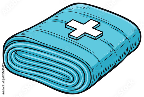 Folded light blue blanket with white cross for medical, first aid illustration