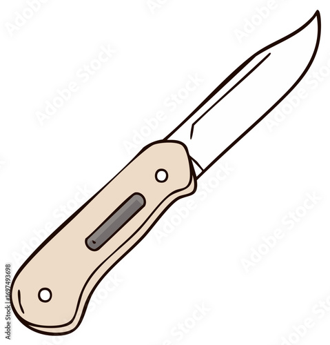 Illustrated closed folding pocket knife with beige handle and silver blade