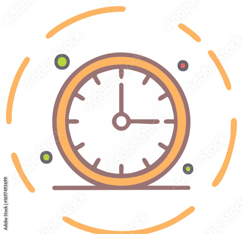 Flat design icon of a clock with hands indicating time and radiating circles, representing concepts like punctuality and time management.
