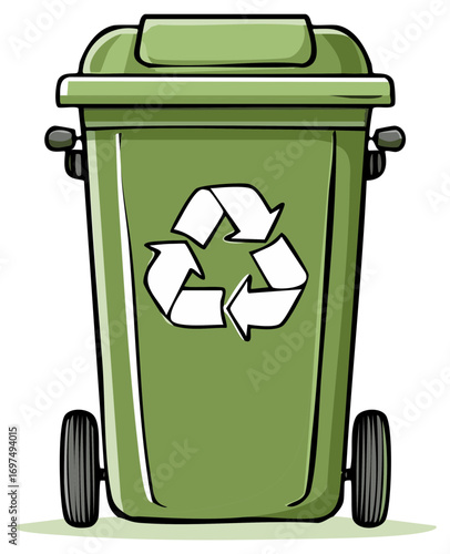 Cartoon Green Recycling Bin with Universal Recycle Symbol Illustration