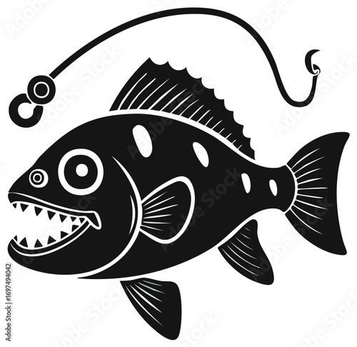 Cartoon Fish with Sharp Teeth and Fishing Hook Illustration Depicting Animal Marine Life and Sport Fishing, Minimalist Design