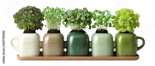 Fresh Herb Pots with Greenery Arranged on Wooden Tray
