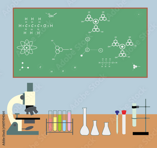 Vector illustration of a science laboratory with microscope, test tubes, flasks, and chemical formulas on a chalkboard for education and research