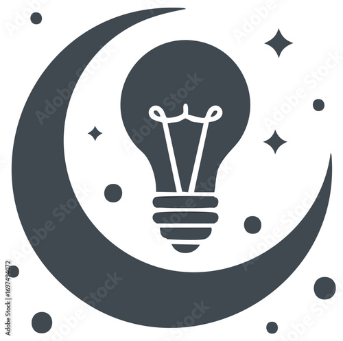 Nighttime idea inspiration light bulb with celestial crescent moon and stars symbol