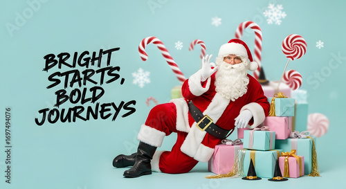 Santa claus sits among colorful gifts and candy canes with a motivational message about bright starts and bold journeys