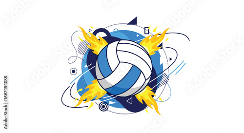 Dynamic volleyball illustration with fiery energy burst and abstract geometric shapes exploding