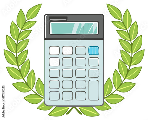 Cartoon calculator surrounded by a laurel wreath symbolizing financial or academic success