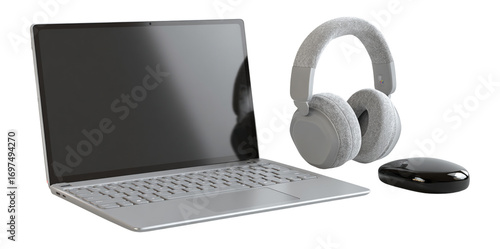 Modern Laptop with Headphones and Mouse on White Background