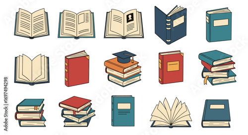 Collection of various open and closed books offering knowledge and information resources