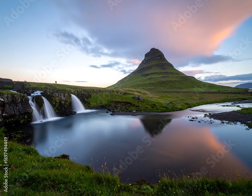 Icelandic mountain reflected in a tranquil lake at sunset