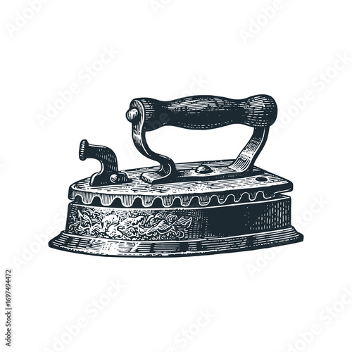Old Fire coal iron. Black white vector illustration