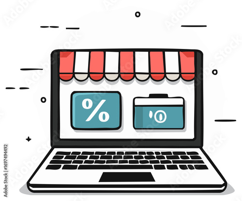 E-commerce laptop with store awning and discount symbol online shopping