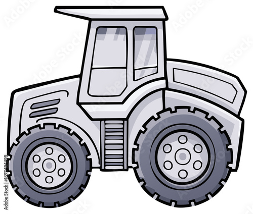 Stylized gray farm tractor with large wheels in a simple cartoon illustration