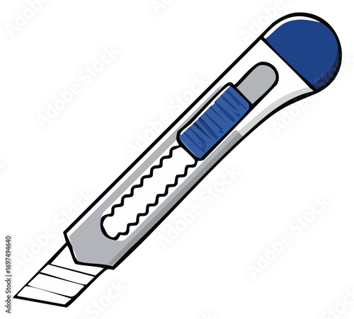 Blue utility knife with a retractable snap off blade cartoon style vector illustration