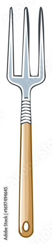 Illustration of a garden fork with a wooden handle, isolated and in a cartoon style