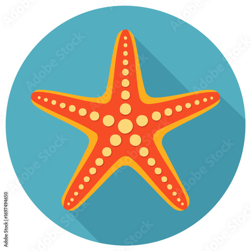 Stylized Orange Starfish Icon Set Against Blue Background With Shadows Representing Marine Sea Life
