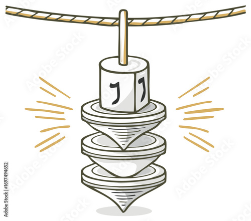 Festive Hanukkah Dreidel Hanging: Hand-Drawn Jewish Holiday Illustration with Hebrew Letters on Cube