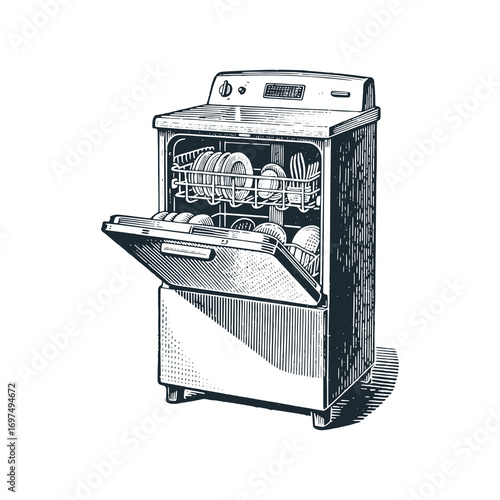Vintage dishwashing equipment – Black and White Icon Vector and Illustration